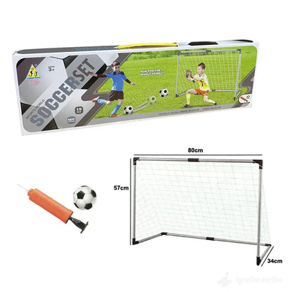 Children's soccer goal set with packaging, ball, and pump on a white background