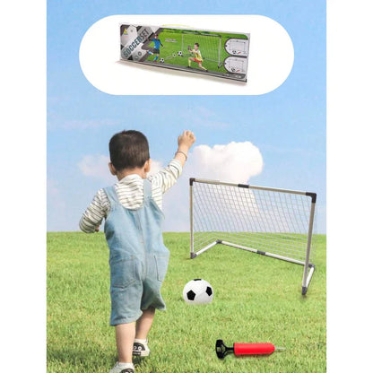 Child playing with a soccer goal and ball, with a tablet displaying a soccer game above.