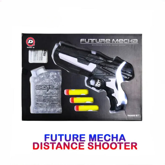 Future Mecha distance shooter packaging with gun, darts, and accessories on a white background