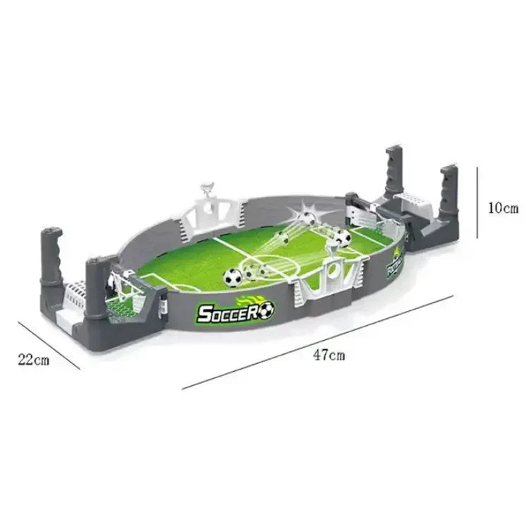 Tabletop soccer game with dimensions on a white background