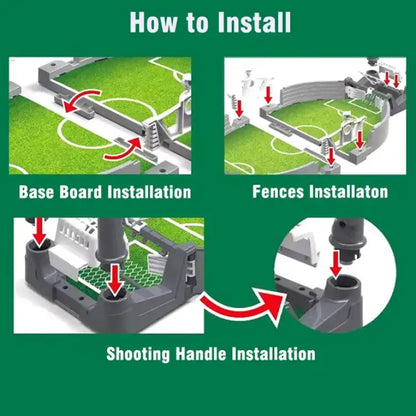 Step-by-step guide on how to install a toy soccer field with base board, fences, and shooting handle.