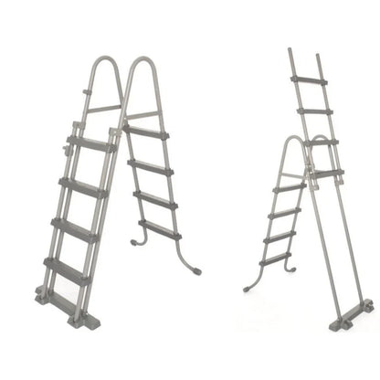 Two metal ladders of different designs on a white background